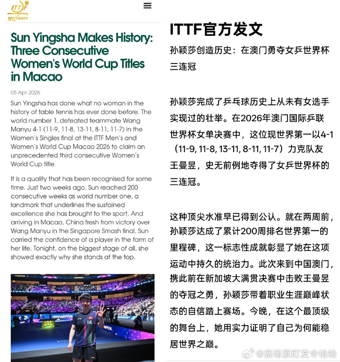 MK体育登录入口-孙颖莎澳门世界杯三连冠创女乒历史|王曼昱|女乒世界杯|国际乒联|澳门国际乒联世界杯|ITTF_新浪体育_新浪新闻